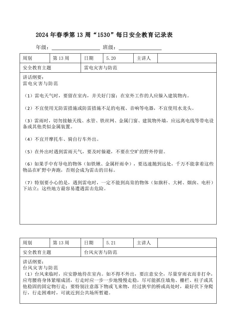 2024年春季第13周“1530”每日安全教育记录表内容资料参考