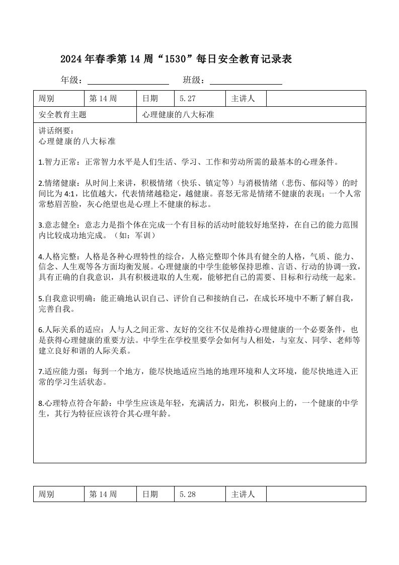 2024年春季第14周“1530”每日安全教育记录表内容资料参考
