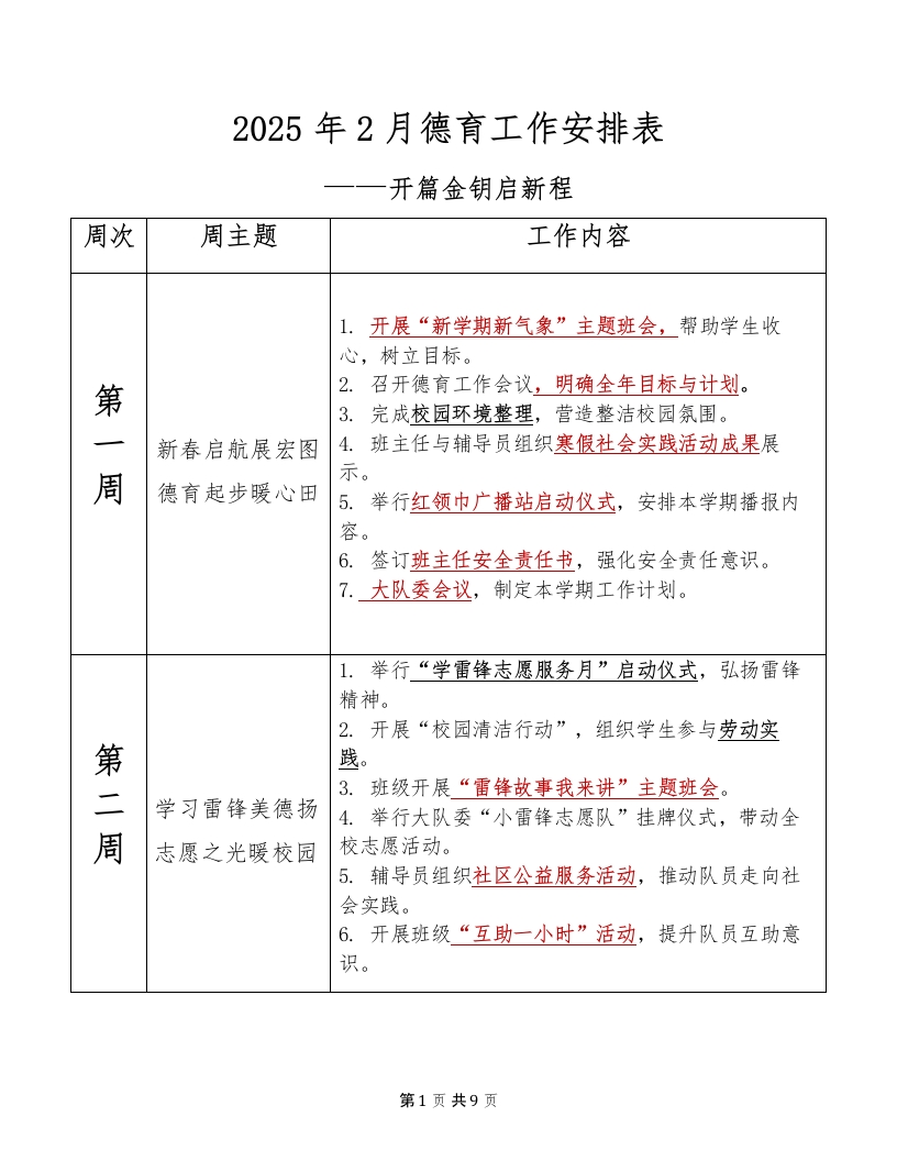 2025年德育工作安排表（1至20周）docx(1)