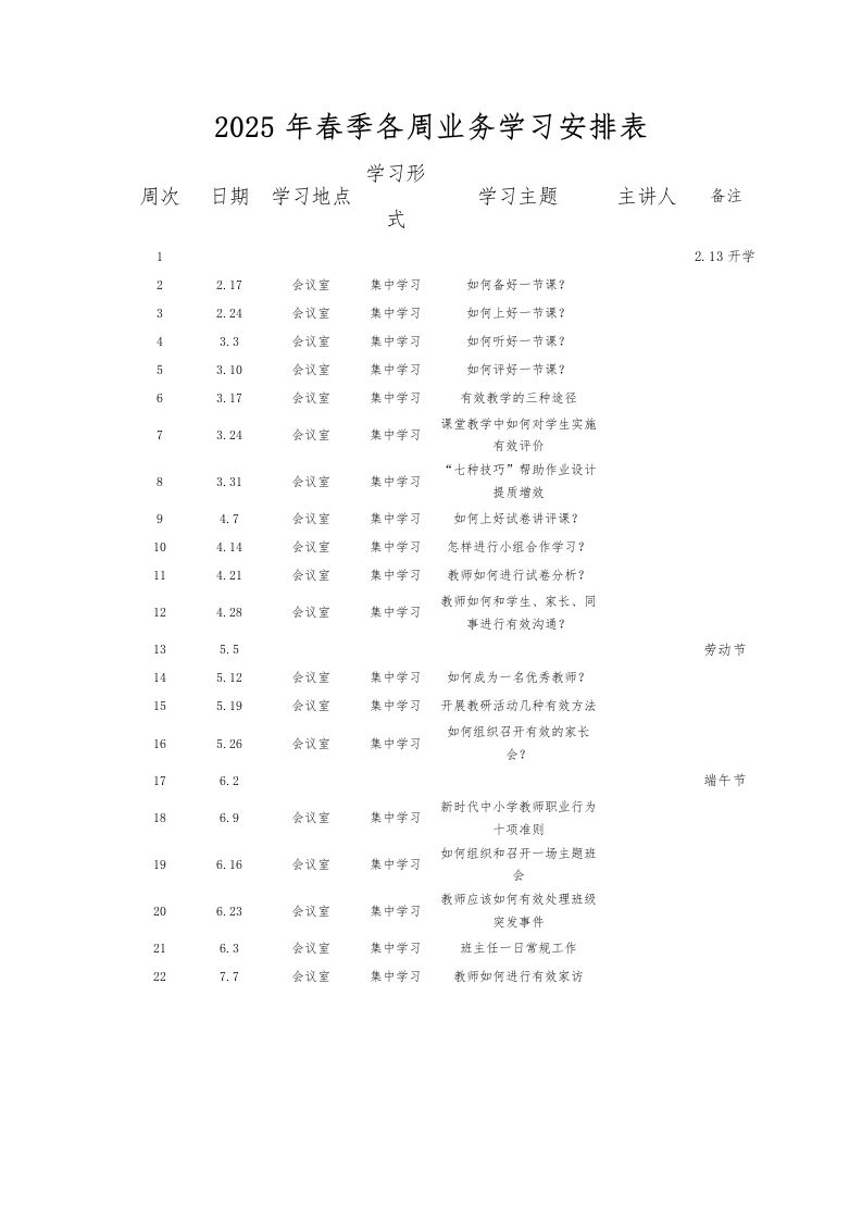2025年春季各周业务学习安排表