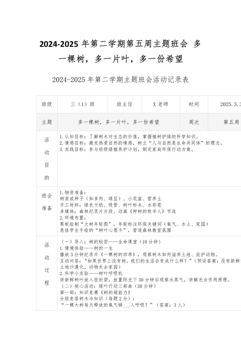 2024-2025年第二学期第五周主题班会多一棵树，多一片叶，多一份希望