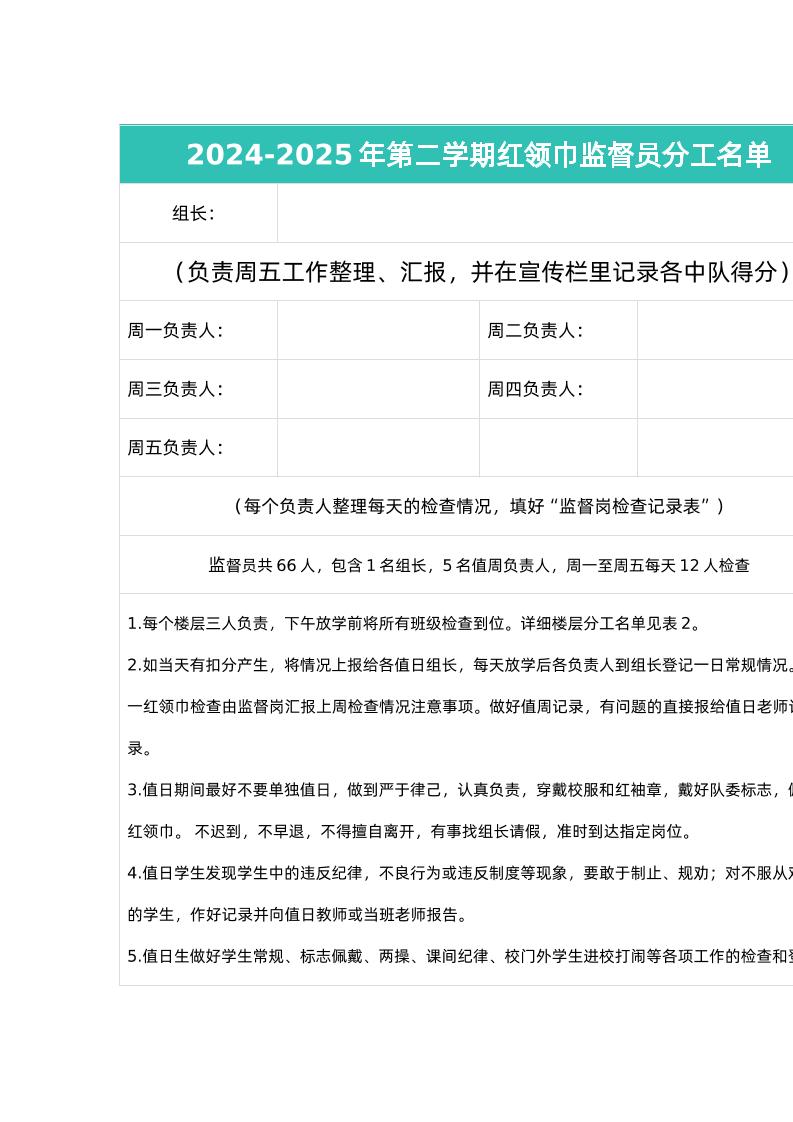 2024-2025年第二学期红领巾监督员分工名单